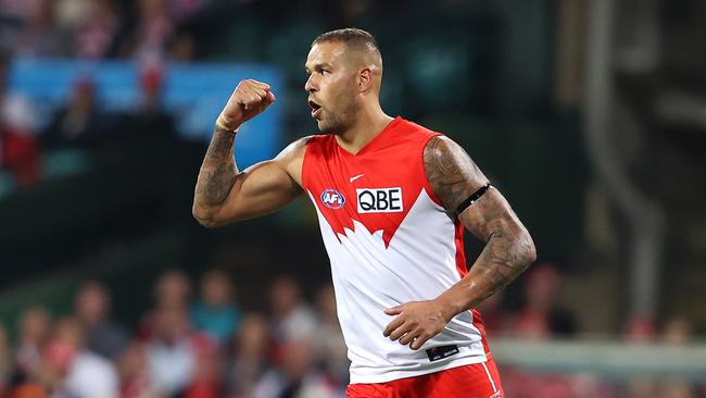 SYDNEY, AUSTRALIA – APRIL 17: Lance Franklin of the Swans celebrates kicking a goal during the round five AFL match between the Sydney Swans and the Greater Western Sydney Giants at Sydney Cricket Ground on April 17, 2021 in Sydney, Australia. (Photo by Mark Kolbe/AFL Photos/Getty Images)