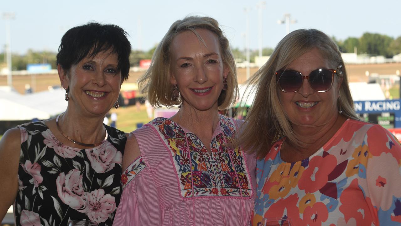 Meredith McWilliams, Karen Meyn and Alli Linanne at the Darwin Cup 2022. Picture: (A)manda Parkinson