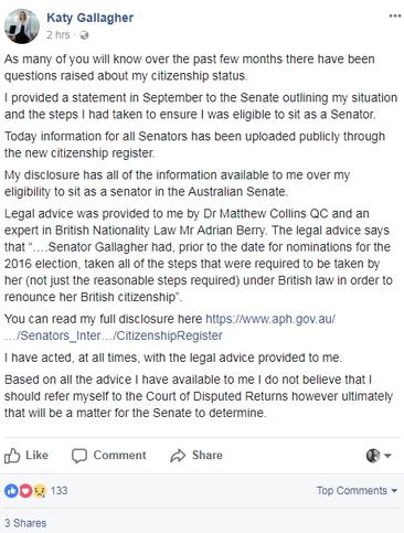 Katy Gallagher Facebook post about citizenship status.