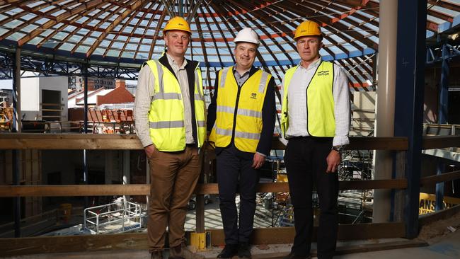 Alex Gorton senior project manager Hansen Yuncken, Professor Nicholas Farrelly Pro Vice-Chancellor for southern Tasmania UTAS, Julian Proud construction manager Tasmania Hansen Yuncken. Update on the progress of work being done on the old forestry building to make it ready for staff and students from UTAS. Picture: Nikki Davis-Jones