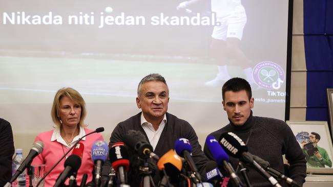 Novak Djokovic’s family, (from left) mother Dijana, father Srdjan and brother Djordje, speak to the media after his success in the Federal Court. Picture: Getty Images