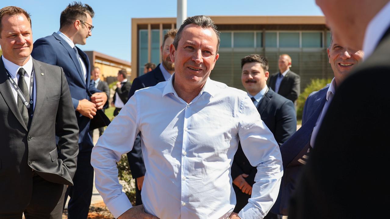 Western Australia Premier Mark McGowan with some of the officers who cracked the case, including homicide detective Cameron Blaine (left). Picture: Tamati Smith/Getty Images