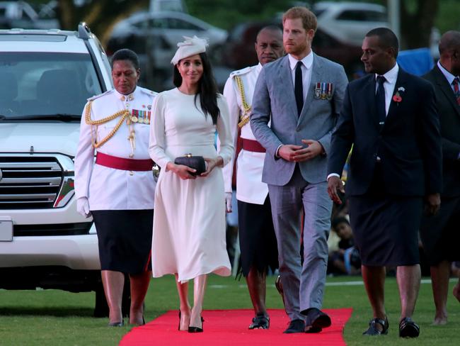 The Duke and Duchess of Sussex seen arriving at Albert Park in Suva. Picture: Nathan Edwards