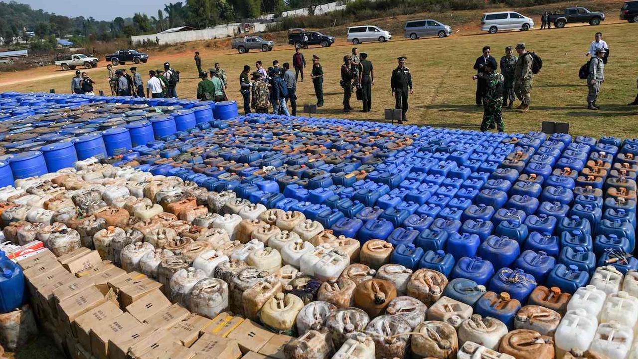 A football field of drugs and precursor chemicals seized in Shan State in Myanmar before some of it ended up in Australia. Picture: AFP