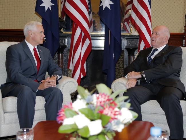 US Vice President Mike Pence, left, meets with Australia's Governor-General Peter Cosgrove at Admiralty House in Sydney.