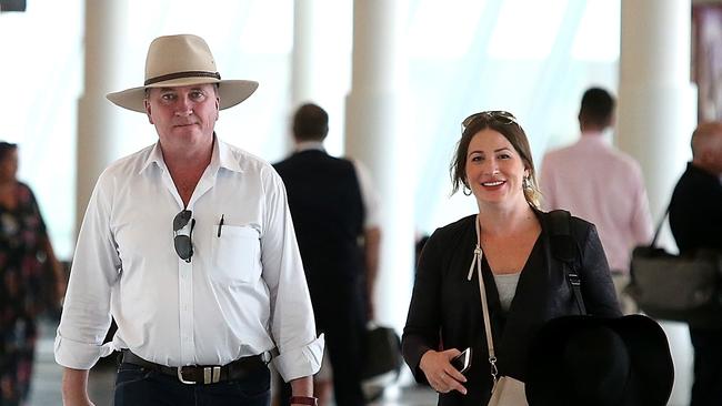 Barnaby Joyce and pregnant partner Vikki Campion at Canberra airport on Friday. Picture: Kym Smith