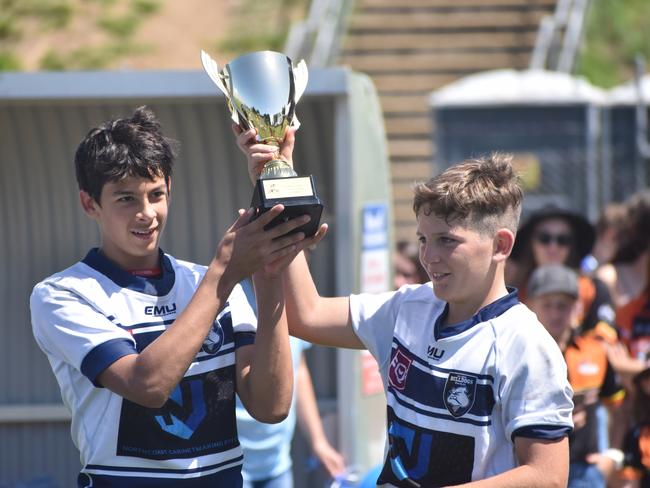 Brian Smith (left) and Flynn Battaia in the Brothers v Wests U14s RLMD Grand Final at JRL Field 5, September 4, 2021. Picture: Matthew Forrest