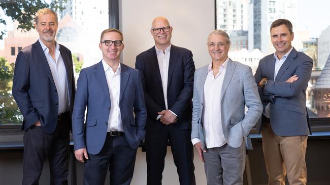 (L-R) Downsizer co-founder Damian Morgan, Deposit Power general manager Brent Davidson, Downsizer co-founders Mark Macduffie and Michael Kelly and Correlation Australia Holdings director Lance Warner. Picture: Stephen Cooper