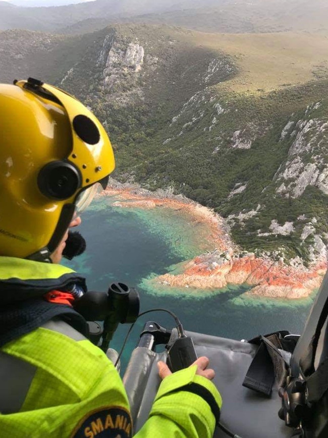 The Westpac Rescue Helicopter over Boat Harbour Beach. Picture: TASMANIA POLICE