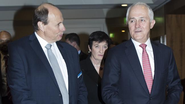 BCA president Grant King, BCA chief Jennifer Westacott and Prime Minister Malcolm Turnbull at the Business Council of Australia’s annual dinner last night. Picture: Hollie Adams.