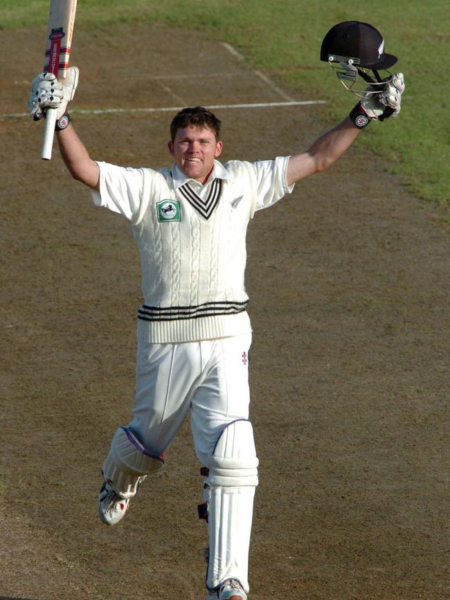 Controversial Kiwi cricketer and Adelaide High old scholar Lou Vincent, pictured in 2001 after making a century against Australia in his Test debut, admitted to match-fixing in 2014 and received a life ban but was still named in this team because of his international record. Picture: AP