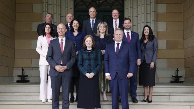 Front L-R Deputy Premier Guy Barnett, Governor of Tasmania Her Excellency Barbara Baker, Premier Jeremy Rockliff. Middle L-R Minister Jo Palmer, Minister Jacquie Petrusma, Minister Madeleine Ogilvie, Minister Felix Ellis, Minister Jane Howlett. Back L-R Minister Kerry Vincent, Minister Eric Abetz, Minister Nick Duigan, Minister Roger Jaensch. New Tasmanian government cabinet swearing in at government house in Hobart. Picture: Nikki Davis-Jones