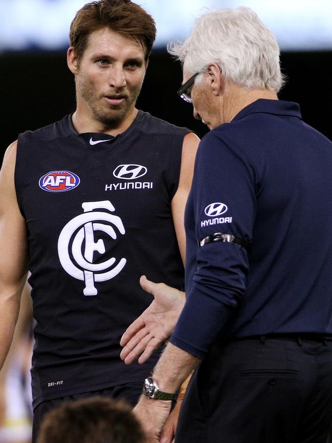 Mick Malthouse with Dale Thomas. Pic: Colleen Petch