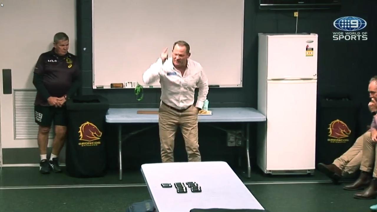 A furious Broncos coach Kevin Walters giving his team a dressing room spray following their insipid loss to the Eels on Friday night. Credit: Screenshot.