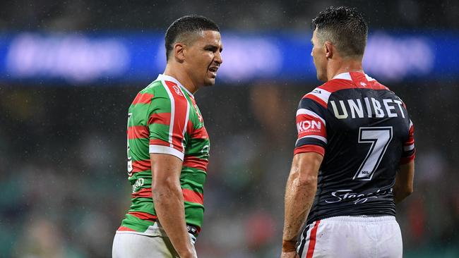 Cody Walker (L) and Cooper Cronk face off. Picture: AAP