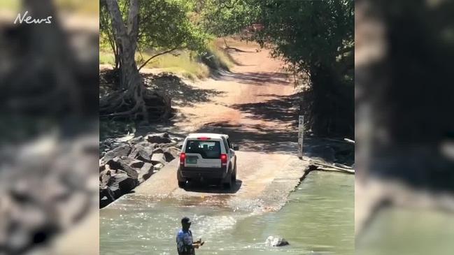 Man risks his life in croc-swarmed water