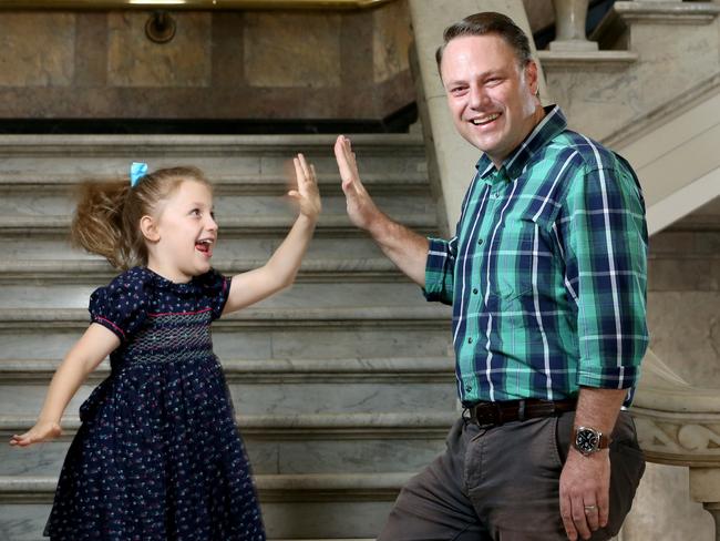 Adrian Schrinner with his daughter Octavia 7yrs, after his victory for Lord Mayor in the Brisbane City Council election, City Hall Brisbane, Sunday 29th March 2020 - Photo Steve Pohlner