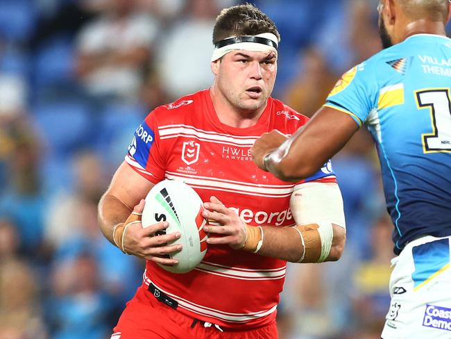 GOLD COAST, AUSTRALIA - APRIL 09: Blake Lawrie of the Dragons runs the ball during the round six NRL match between Gold Coast Titans and St George Illawarra Dragons at Cbus Super Stadium on April 09, 2023 in Gold Coast, Australia. (Photo by Chris Hyde/Getty Images)