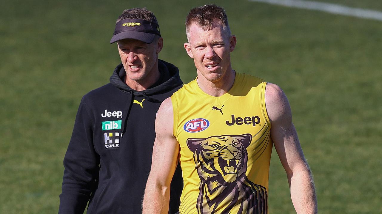 Richmond training at Punt Road Oval. 15/07/2021. Richmonds Jack Riewoldt and Damien Hardwick at training today . Pic: Michael Klein