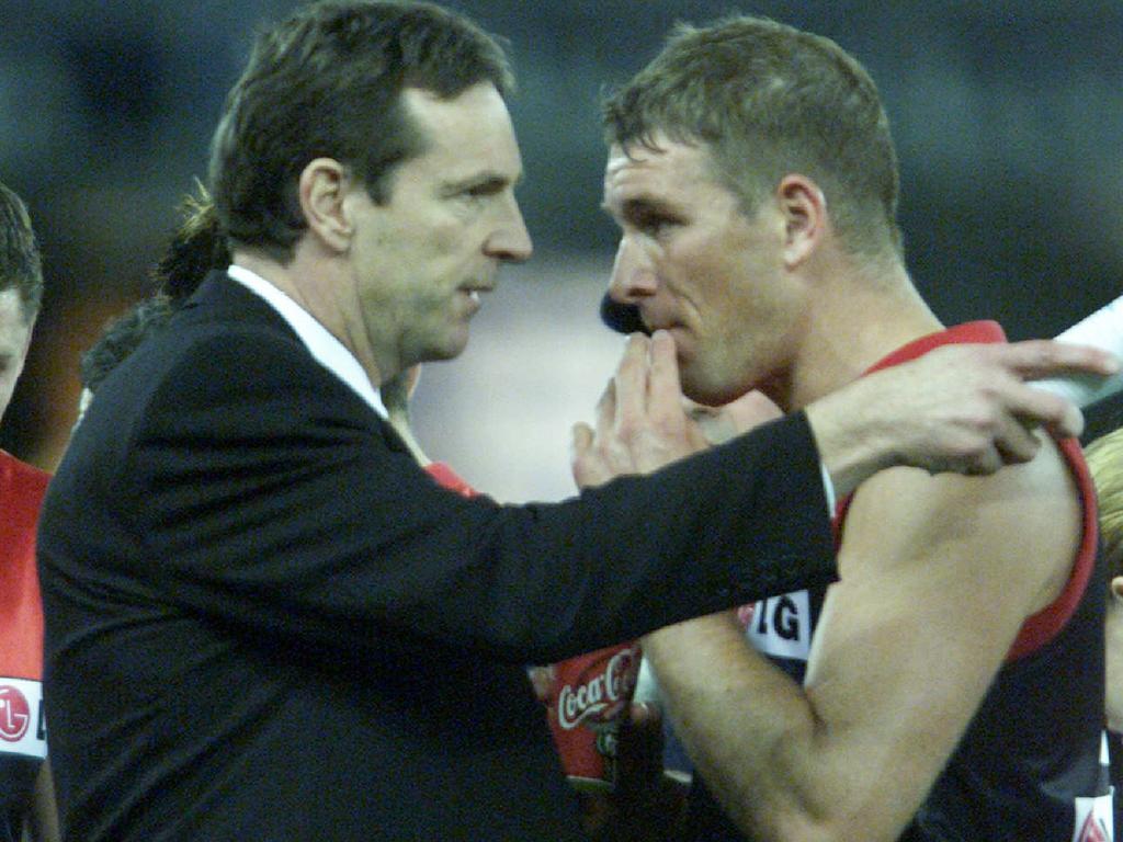 Daniher and Schwarz were coach and player during the Demons’ 2000 grand final run.