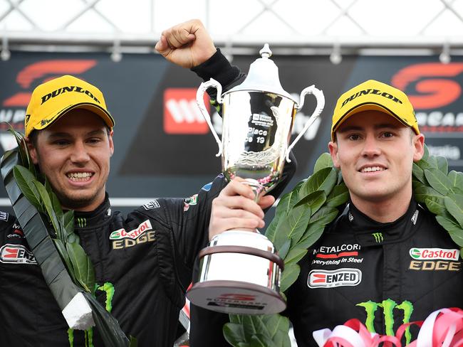 Cameron Waters and Richie Stanaway celebrate after the Sandown 500. Picture: Getty Images