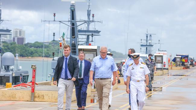 Prime Minister Scott Morrison visits HMAS COONAWARRA Naval Base in Darwin and goes aboard HMAS Ararat to meet Navy personnel. Picture: Glenn Campbell