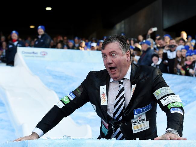 Collingwood president Eddie McGuire takes part in the Big Freeze Ice Slide challenge fundraising event. Picture: AAP Image/Tracey Nearmy