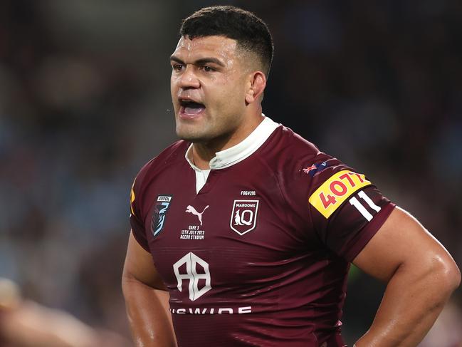 SYDNEY, AUSTRALIA - JULY 12:  David Fifita of the Maroons reacts during game three of the State of Origin series between New South Wales Blues and Queensland Maroons at Accor Stadium on July 12, 2023 in Sydney, Australia. (Photo by Mark Kolbe/Getty Images)