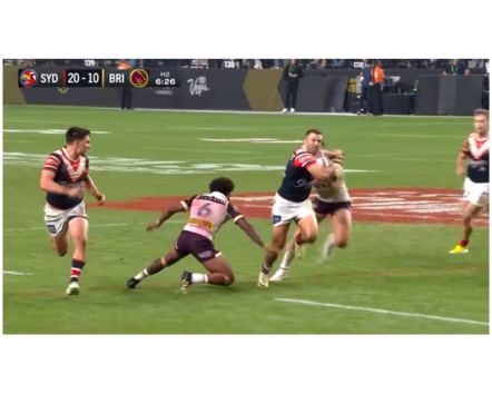 Brisbane Broncos five-eighth Ezra Mam misses a tackle in the 2024 Round 1 season opener against the Sydney Roosters as James Tedesco blasts through the defence in Vegas. Picture: Fox League