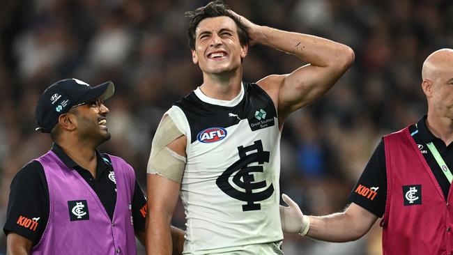 Carlton defender Caleb Marchbank could be recalled to play on Geelong star Jeremy Cameron on Friday night according to coach Michael Voss. Picture: Quinn Rooney / Getty Images