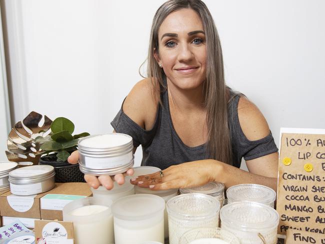 Alyce Noll posing with her You & Soul handmade products at her home at 5 Lucy St, Gaythorne, Brisbane, 24th of October 2020. (News Corp/Attila Csaszar)