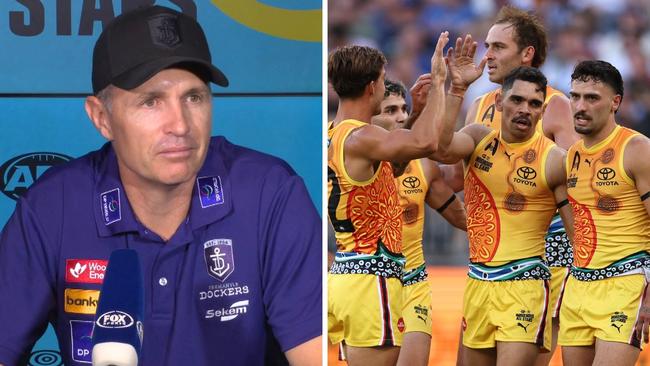 Justin Longmuir and Indigenous All Stars clebrate. Photo: Fox Footy and Paul Kane/Getty Images.