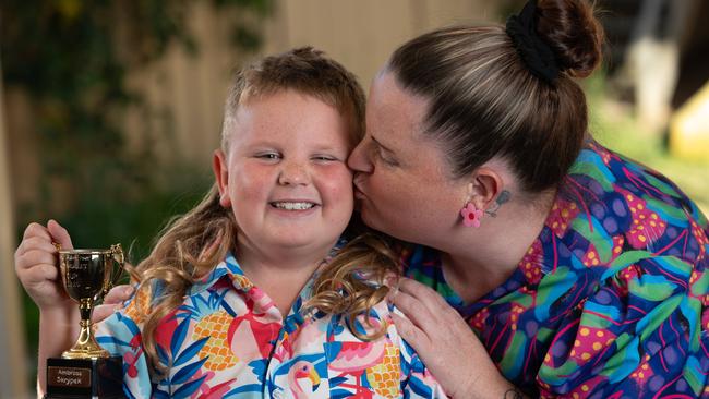 Kid Mullet Cup 2025 Winner Ambrose Skrypek, 8, at home in Aldinga Beach with mum, Kimberley. Photo: Naomi Jellicoe