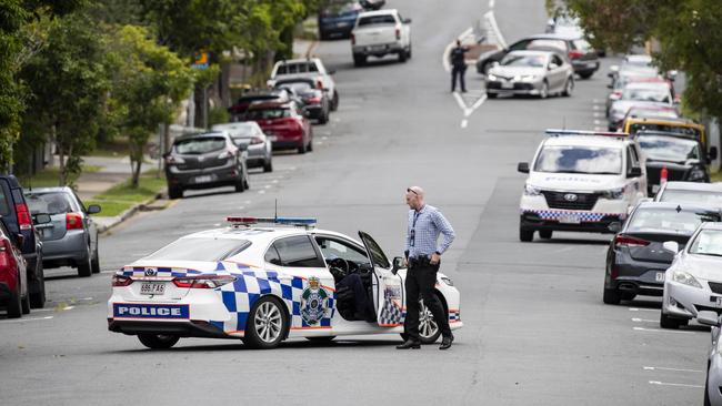 Queensland Police at Carl Street, Woolloongabba, after reports of a shooting, Sunday, January 1, 2023 – Picture: Richard Walker