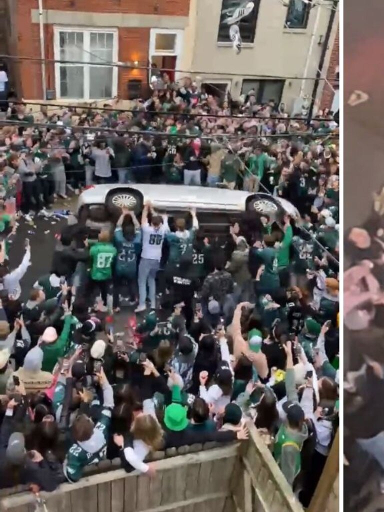 Rowdy Eagles fans flip parked car ahead of Super Bowl