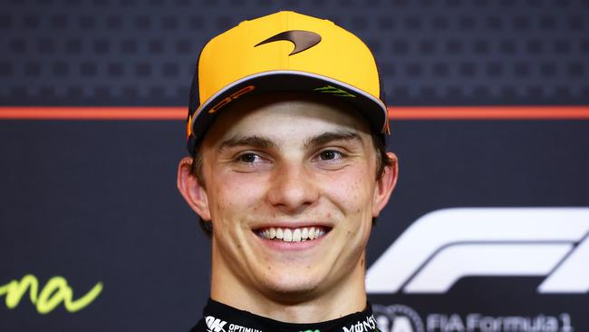 BARCELONA, SPAIN - MAY 31: Pole position qualifier Oscar Piastri of Australia and McLaren in the Drivers Press Conference during qualifying ahead of the F1 Grand Prix of Spain at Circuit de Barcelona-Catalunya on May 31, 2025 in Barcelona, Spain. (Photo by Clive Rose/Getty Images)