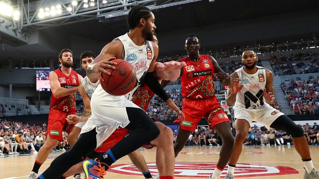 Melo Trimble tries to give the Wildcats the slip at Melbourne Arena. Picture: Kelly Defina/Getty Images