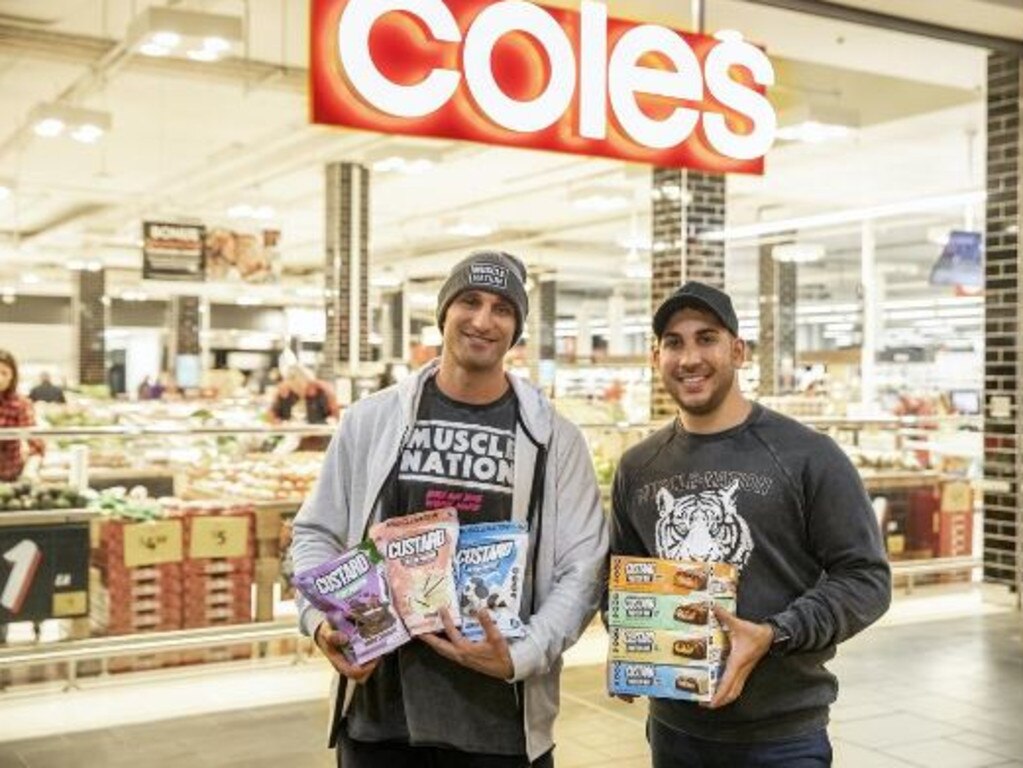 Muscle Nation, co-owners Chris Anastasi, 37, and Nathaniel Anthony, 31, have had their Coles contract extended after a huge spike in their protein range sales. Picture: Supplied