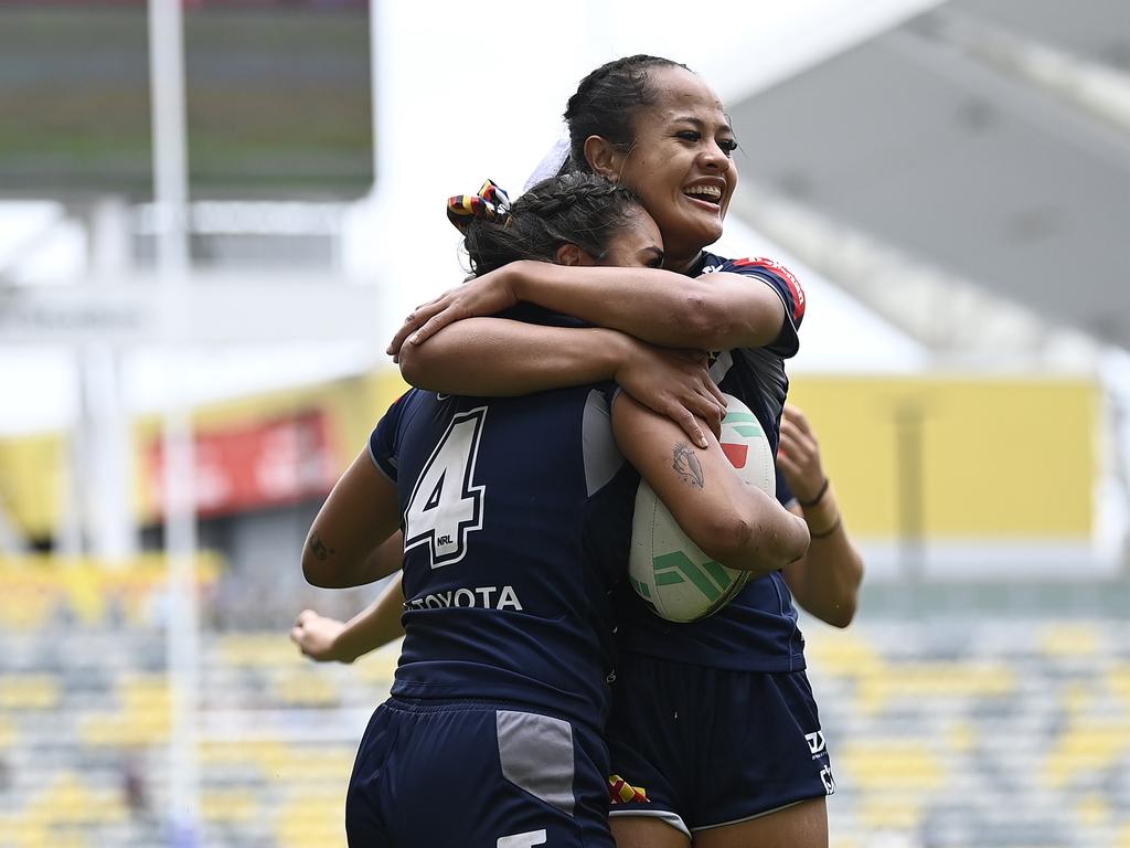 Jasmine Peters of the Cowboys celebrates after scoring a try. Picture: Getty Images