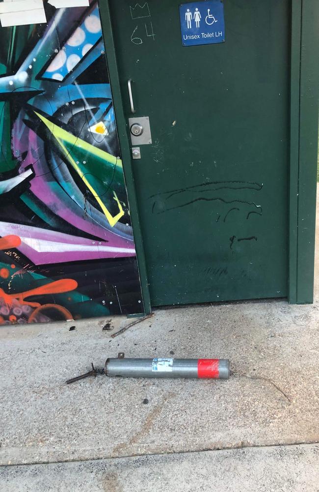 A toilet door was vandalised before teens let off a series of explosions at the William Stewart Skate Park. Pictures: Judith Kerr