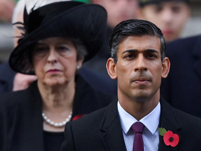 UK Prime Minister Rishi Sunak and former Prime Minister Theresa May attend the Remembrance Sunday ceremony at the Cenotaph. Picture: Getty Images