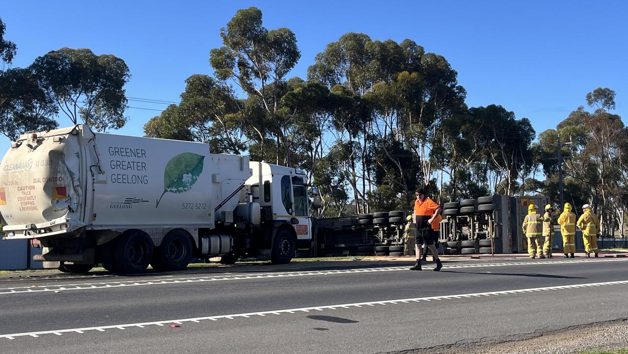 A truck rolled over on Bacchus Marsh Rd in Lovely Banks on Friday morning.