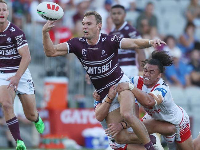 WOLLONGONG, AUSTRALIA - MARCH 30: Tom Trbojevic of the Sea Eagles drops the ball during the round four NRL match between St George Illawarra Dragons and Manly Sea Eagles at WIN Stadium, on March 30, 2024, in Wollongong, Australia. (Photo by Mark Metcalfe/Getty Images)