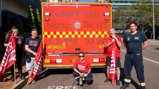 United Workers Union NT secretary Erina Early, left, Darwin leading firefighter Peter Jelly, Marrara senior firefighter Keeley Stewart, Darwin station officer David Lines and Katherine station officer Daniel Kenna protesting the NT Government's pay offer. Picture: Pema Tamang Pakhrin