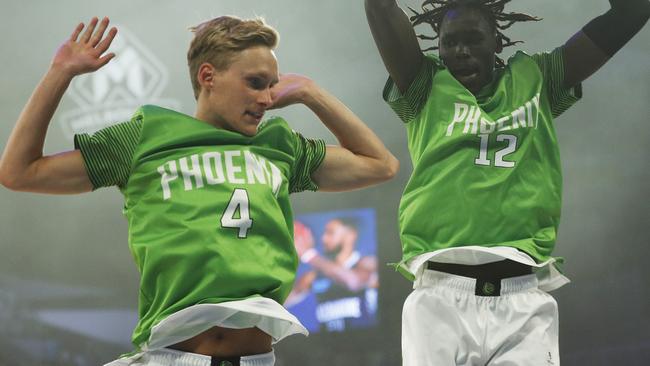 Hands up if you love to boogie? Phoenix funny man Wild Kyle Adnam and teammate Deng Acuoth. Picture: Getty Images