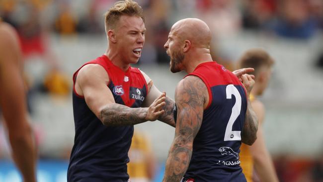 Nathan Jones celebrates a goal for the Demons. Picture: AAP Images 