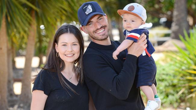 James Troisi, with wife, Bronte, and son, Izea Wolf, have settled quickly in Adelaide. Picture: AAP/Brenton Edwards