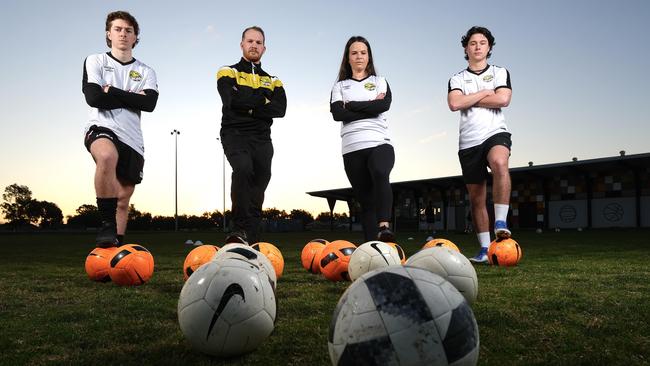 Driven to train: Nick Osborne, left, coach Bill Puckett, Nakita Goegan and Cooper Sorrenti from the Cobram Roar Football Club. Picture: Simon Dallinger