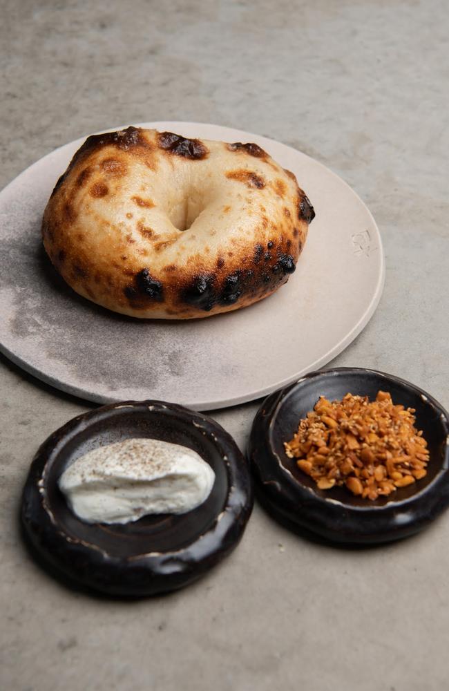 Wood-fired bagel, buffalo curd, macadamia dukkah at Gerard's Bistro, Fortitude Valley.