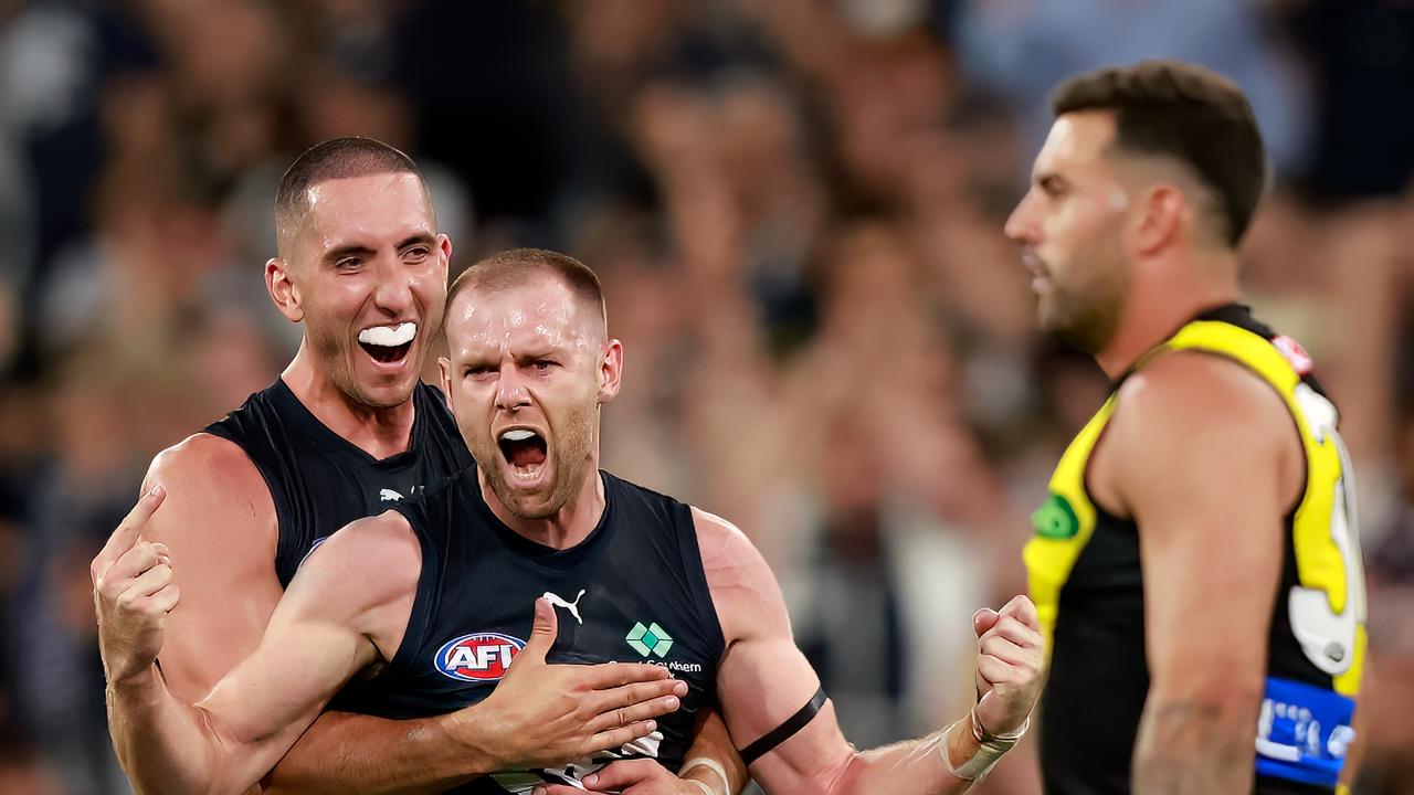 Sam Docherty celebrates his long-bomb goal. Picture: Dylan Burns/AFL Photos via Getty Images